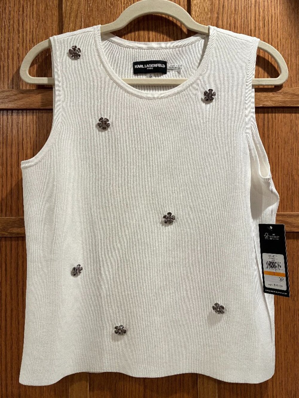 Karl Lagerfeld Paris White Floral Embellished Knit Sleeveless Top Size S NWT